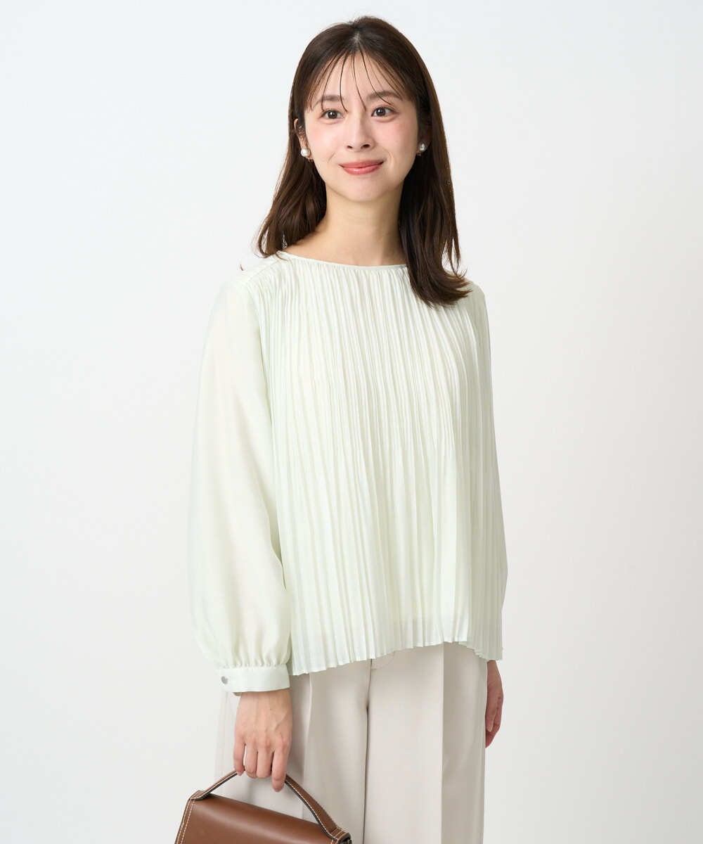 F1BFD12150 MK MICHEL KLEIN(小さいサイズ)(メゾン ドゥ サンク) 【小さいサイズ】プリーツデザインブラウス/洗える ライトグリーン