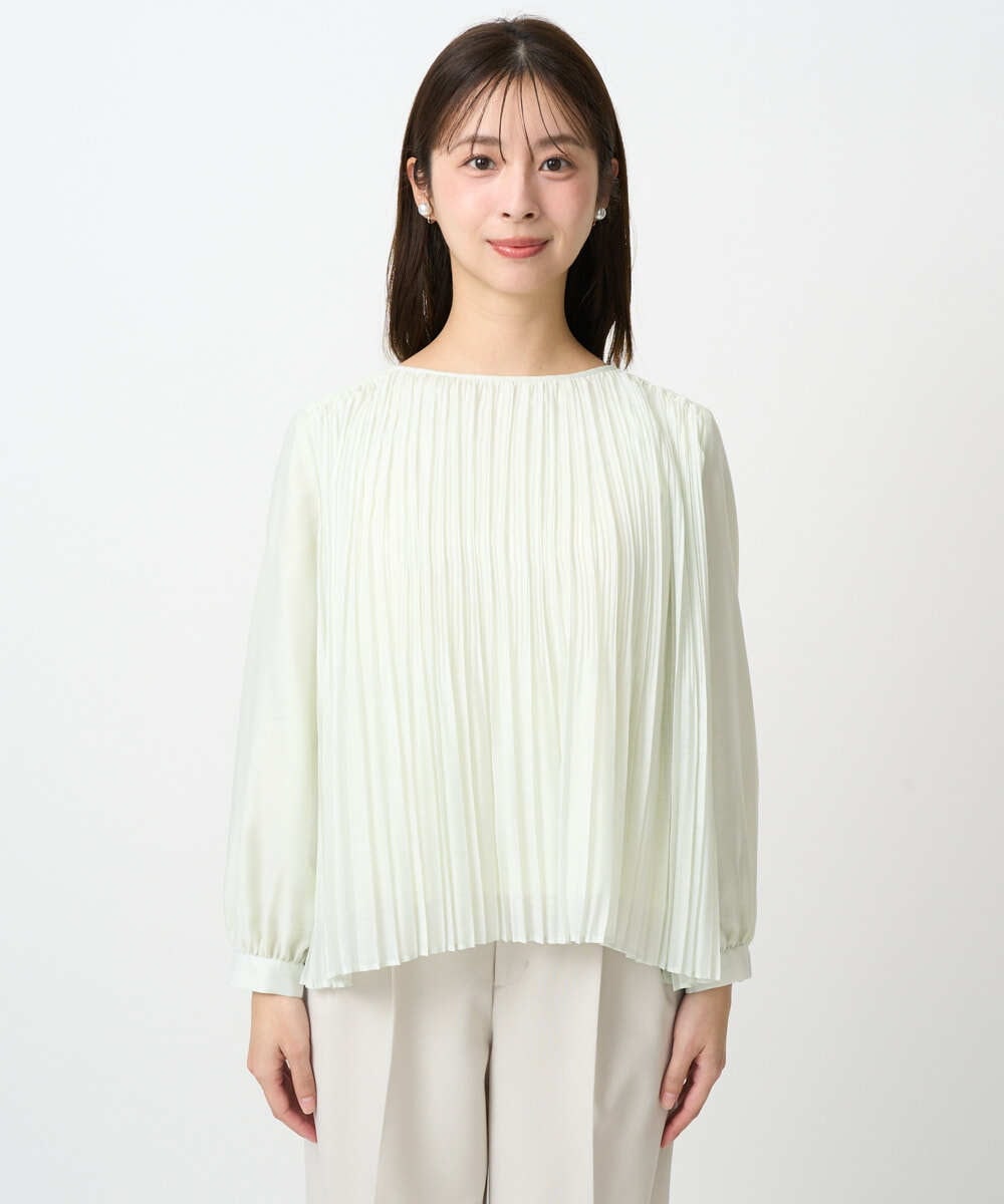F1BFD12150 MK MICHEL KLEIN(小さいサイズ)(メゾン ドゥ サンク) 【小さいサイズ】プリーツデザインブラウス/洗える ライトグリーン
