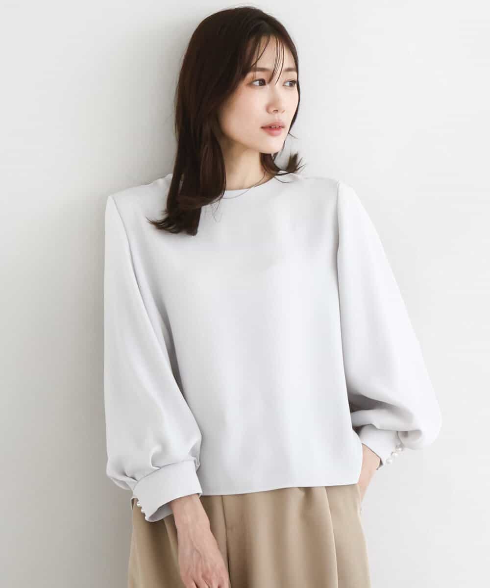 F1BFD14140 MK MICHEL KLEIN(小さいサイズ)(メゾン ドゥ サンク) 【小さいサイズ】ボリュームスリーブブラウス/撥水/防シワ/洗える ライトグレー