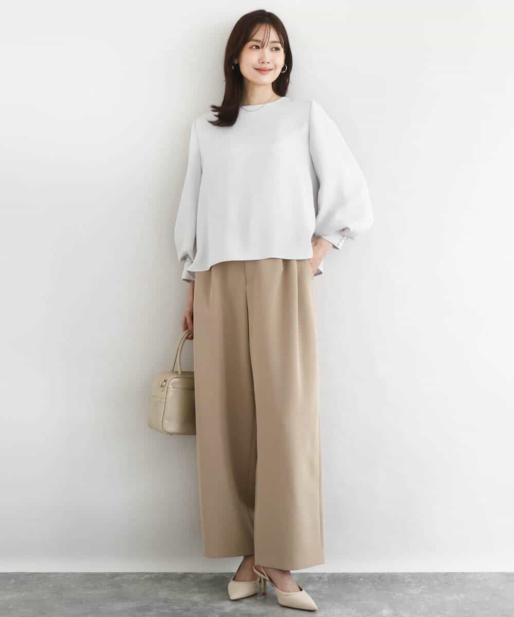 F1BFD14140 MK MICHEL KLEIN(小さいサイズ)(メゾン ドゥ サンク) 【小さいサイズ】ボリュームスリーブブラウス/撥水/防シワ/洗える ライトグレー