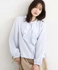 F1BFD68150 MK MICHEL KLEIN(小さいサイズ)(メゾン ドゥ サンク) 【小さいサイズ】ラッフルフリルブラウス/洗濯機で洗える ライトブルー