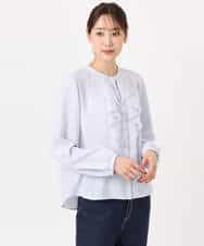 F1BFD68150 MK MICHEL KLEIN(小さいサイズ)(メゾン ドゥ サンク) 【小さいサイズ】ラッフルフリルブラウス/洗濯機で洗える ライトブルー