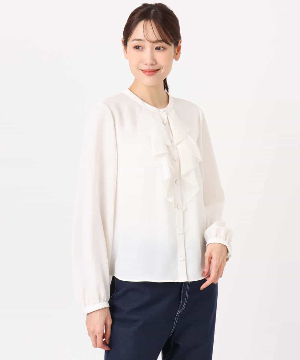 F1BFD68150 MK MICHEL KLEIN(小さいサイズ)(メゾン ドゥ サンク) 【小さいサイズ】ラッフルフリルブラウス/洗濯機で洗える ライトブルー