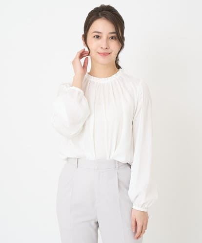 F1BFV22140  【小さいサイズ】サテンフリルネックブラウス/接触冷感/洗える