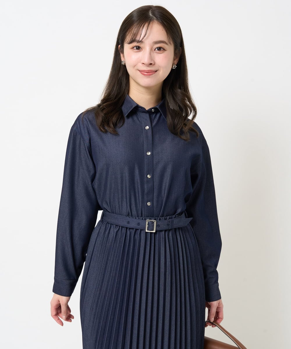 F1BGA30130 MK MICHEL KLEIN(小さいサイズ)(メゾン ドゥ サンク) 【小さいサイズ】デニムライクシャツブラウス/洗える ネイビー