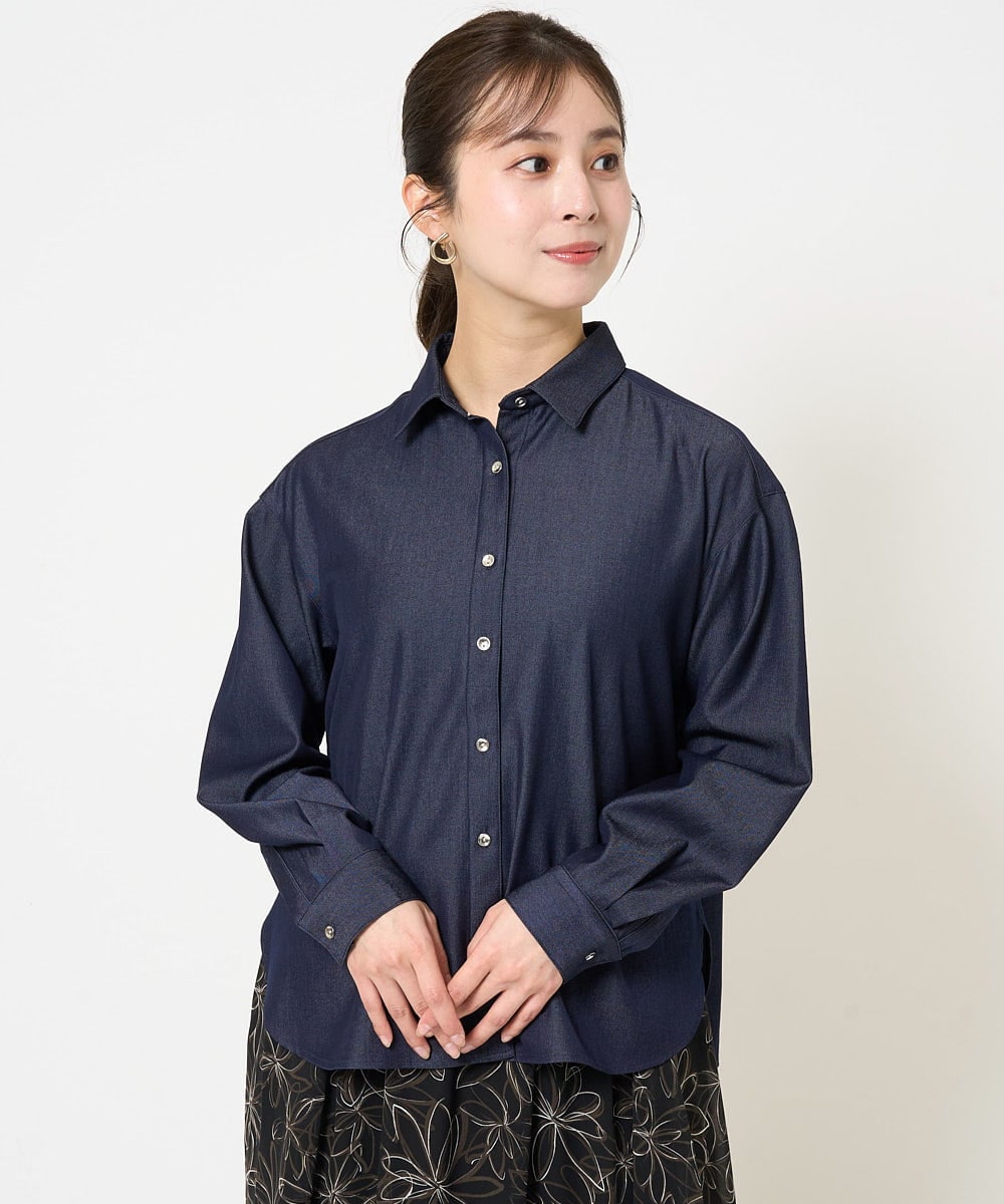 F1BGA30130 MK MICHEL KLEIN(小さいサイズ)(メゾン ドゥ サンク) 【小さいサイズ】デニムライクシャツブラウス/洗える ネイビー
