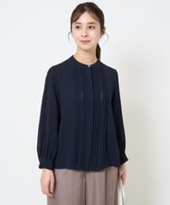 F1BGA35160 MK MICHEL KLEIN(小さいサイズ)(メゾン ドゥ サンク) 【小さいサイズ】ピンタックデザインジョーゼットブラウス/洗える ネイビー