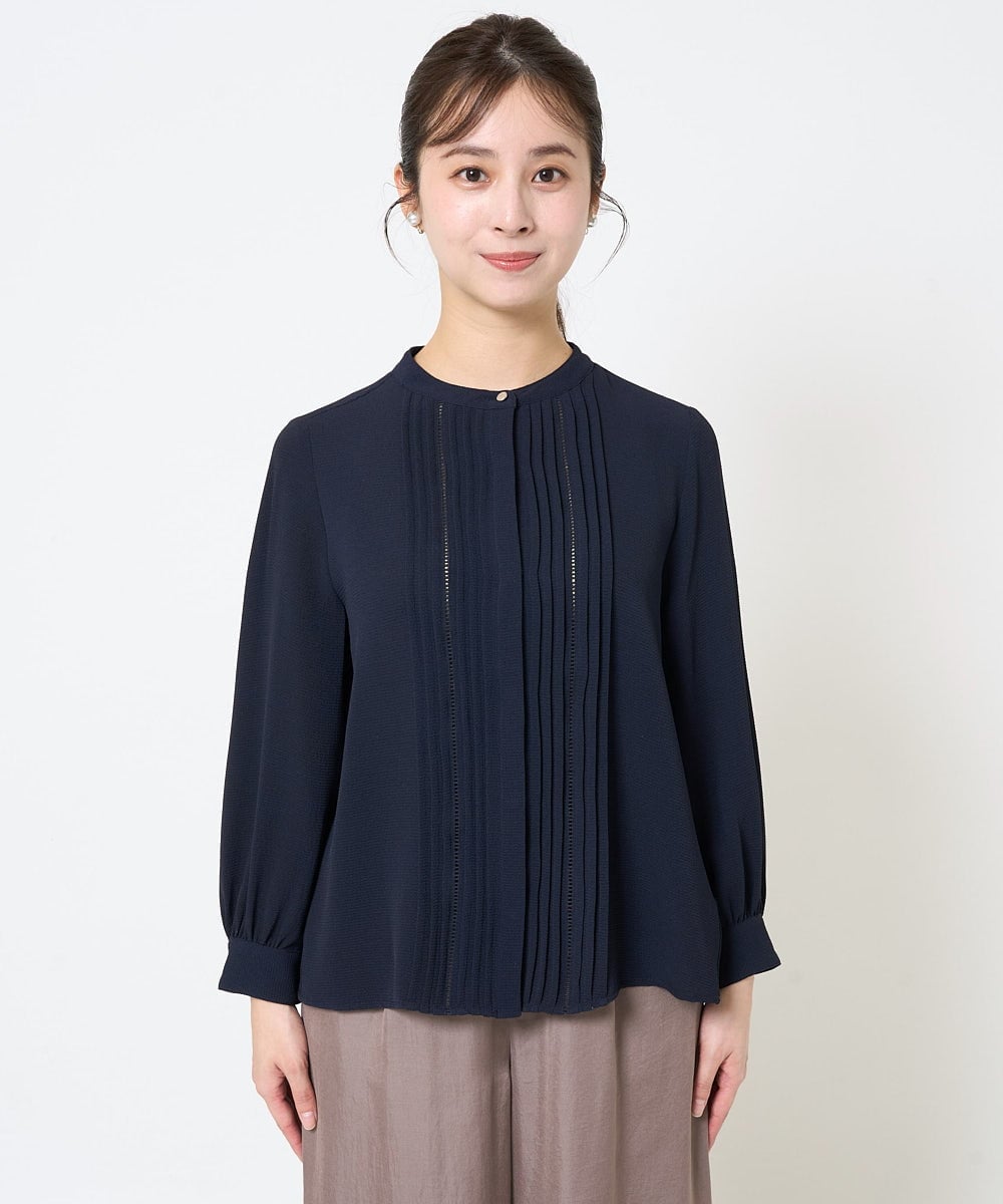 F1BGA35160 MK MICHEL KLEIN(小さいサイズ)(メゾン ドゥ サンク) 【小さいサイズ】ピンタックデザインジョーゼットブラウス/洗える ネイビー