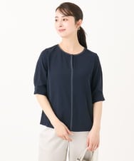 F1BGA41130 MK MICHEL KLEIN(小さいサイズ)(メゾン ドゥ サンク) 【小さいサイズ】配色パイピングVネックブラウス/洗える ネイビー