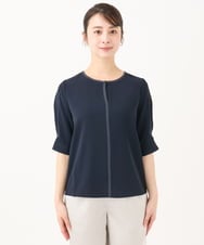 F1BGA41130 MK MICHEL KLEIN(小さいサイズ)(メゾン ドゥ サンク) 【小さいサイズ】配色パイピングVネックブラウス/洗える ネイビー