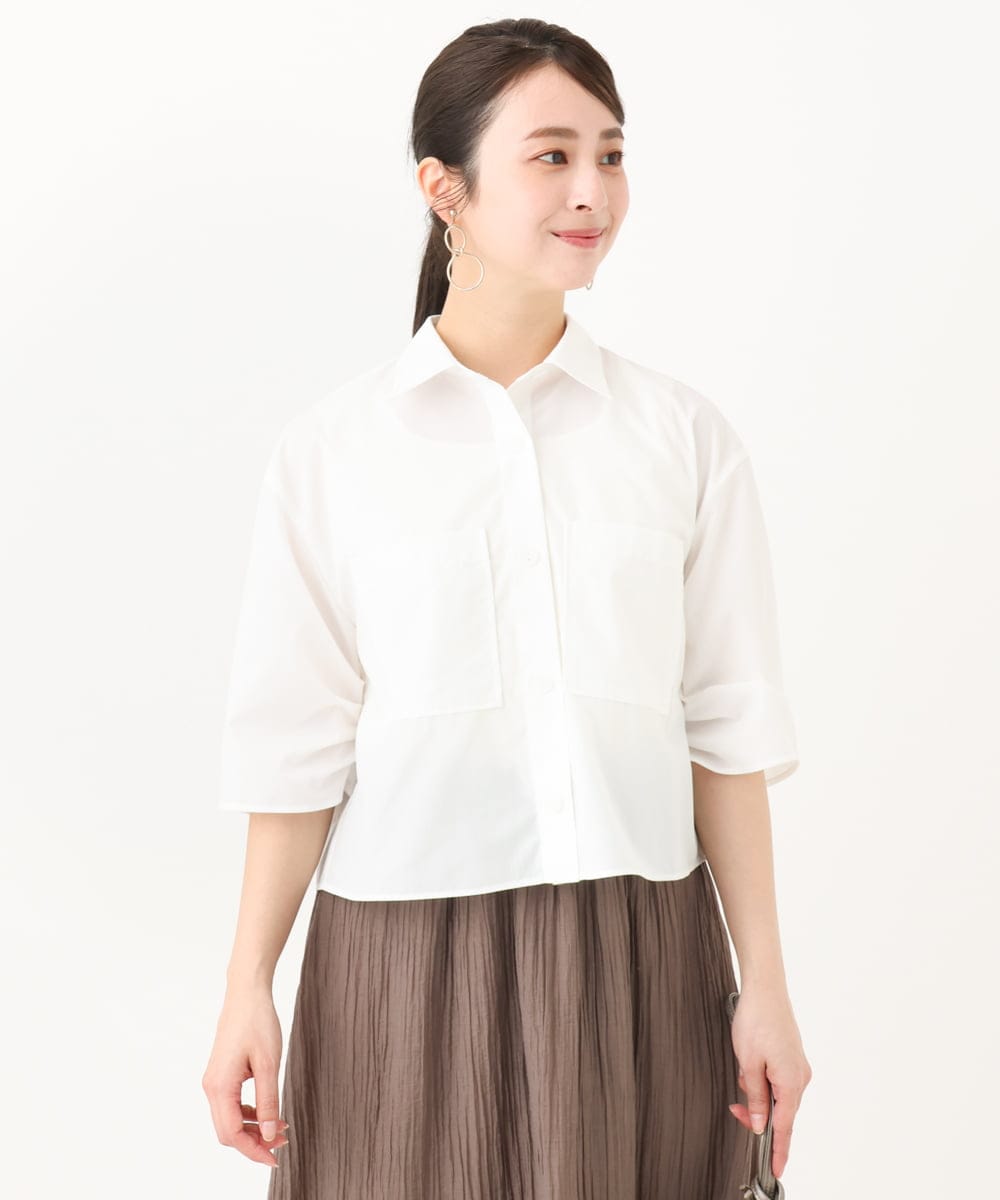 F1BGA44140 MK MICHEL KLEIN(小さいサイズ)(メゾン ドゥ サンク) 【小さいサイズ】コットンライククロップドシャツブラウス/洗える ホワイト