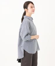 F1BGA46150 MK MICHEL KLEIN(小さいサイズ)(メゾン ドゥ サンク) 【小さいサイズ】ストライプ柄サッカーシャツブラウス/洗える グリーングレー