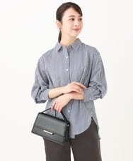 F1BGA46150 MK MICHEL KLEIN(小さいサイズ)(メゾン ドゥ サンク) 【小さいサイズ】ストライプ柄サッカーシャツブラウス/洗える グリーングレー