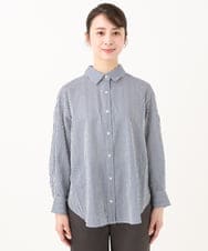 F1BGA46150 MK MICHEL KLEIN(小さいサイズ)(メゾン ドゥ サンク) 【小さいサイズ】ストライプ柄サッカーシャツブラウス/洗える グリーングレー