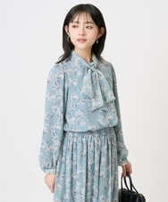 F1BGD01140 MK MICHEL KLEIN(小さいサイズ)(メゾン ドゥ サンク) 【小さいサイズ】ボウタイ付き花柄シフォンブラウス/洗濯機で洗える ミントブルー