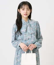 F1BGD01140 MK MICHEL KLEIN(小さいサイズ)(メゾン ドゥ サンク) 【小さいサイズ】ボウタイ付き花柄シフォンブラウス/洗濯機で洗える ミントブルー