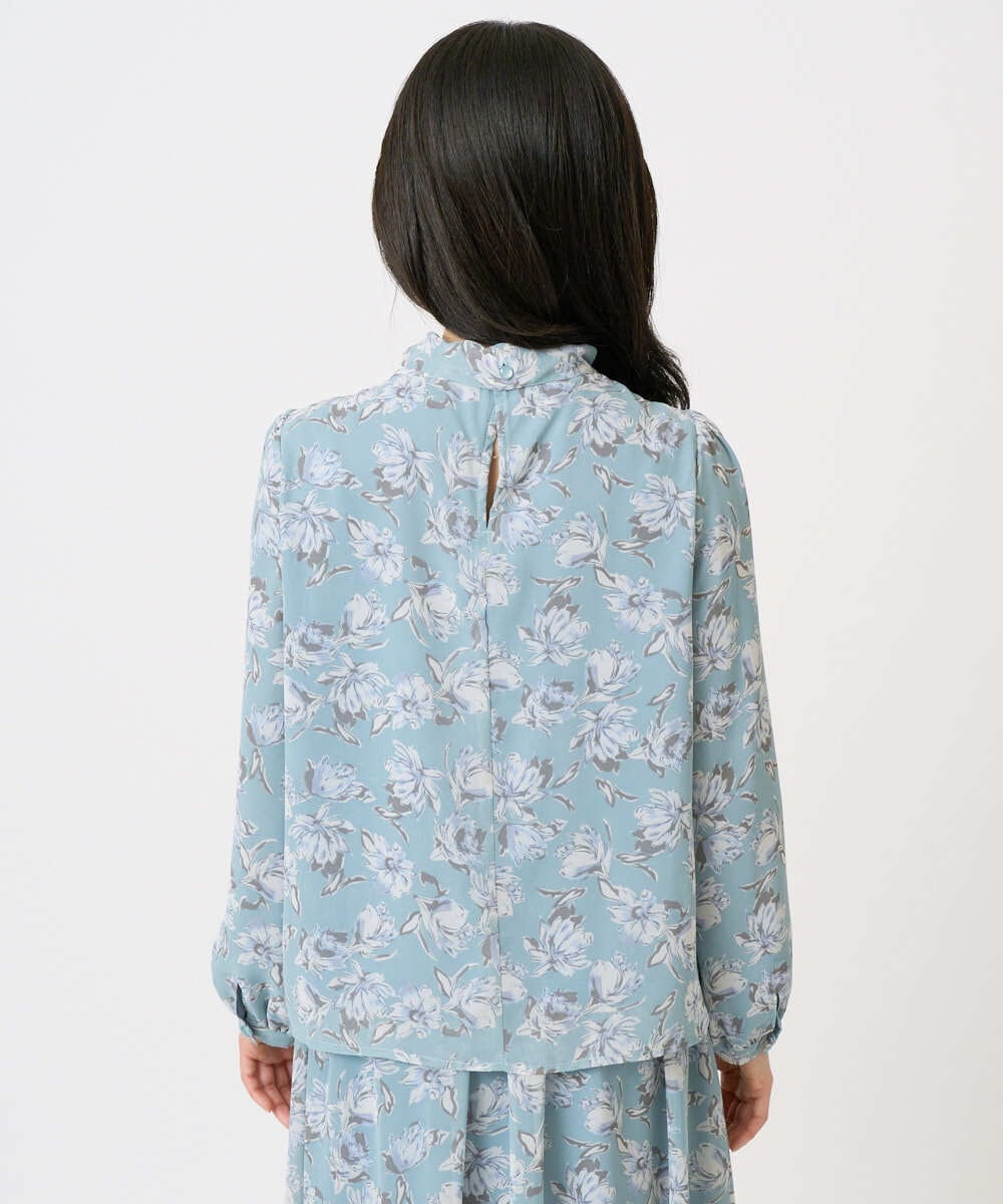 F1BGD01140 MK MICHEL KLEIN(小さいサイズ)(メゾン ドゥ サンク) 【小さいサイズ】ボウタイ付き花柄シフォンブラウス/洗濯機で洗える ミントブルー