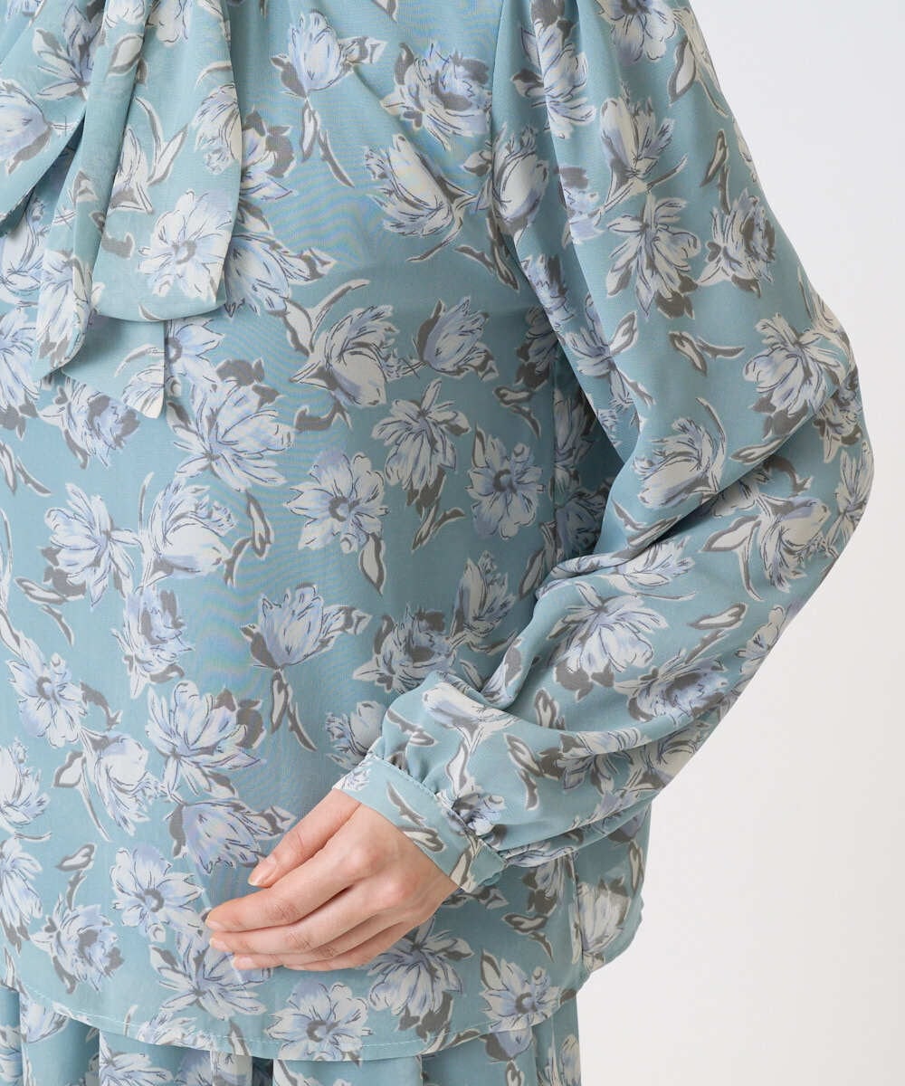 F1BGD01140 MK MICHEL KLEIN(小さいサイズ)(メゾン ドゥ サンク) 【小さいサイズ】ボウタイ付き花柄シフォンブラウス/洗濯機で洗える ミントブルー