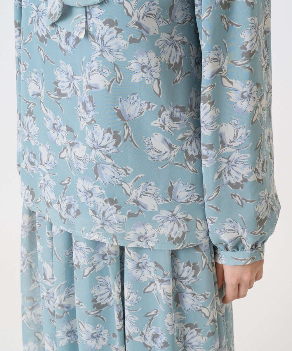 F1BGD01140 MK MICHEL KLEIN(小さいサイズ)(メゾン ドゥ サンク) 【小さいサイズ】ボウタイ付き花柄シフォンブラウス/洗濯機で洗える ミントブルー