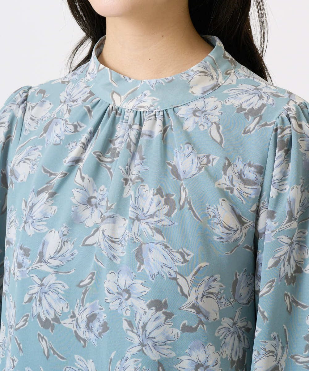 F1BGD01140 MK MICHEL KLEIN(小さいサイズ)(メゾン ドゥ サンク) 【小さいサイズ】ボウタイ付き花柄シフォンブラウス/洗濯機で洗える ミントブルー