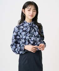 F1BGD01140 MK MICHEL KLEIN(小さいサイズ)(メゾン ドゥ サンク) 【小さいサイズ】ボウタイ付き花柄シフォンブラウス/洗濯機で洗える ミントブルー