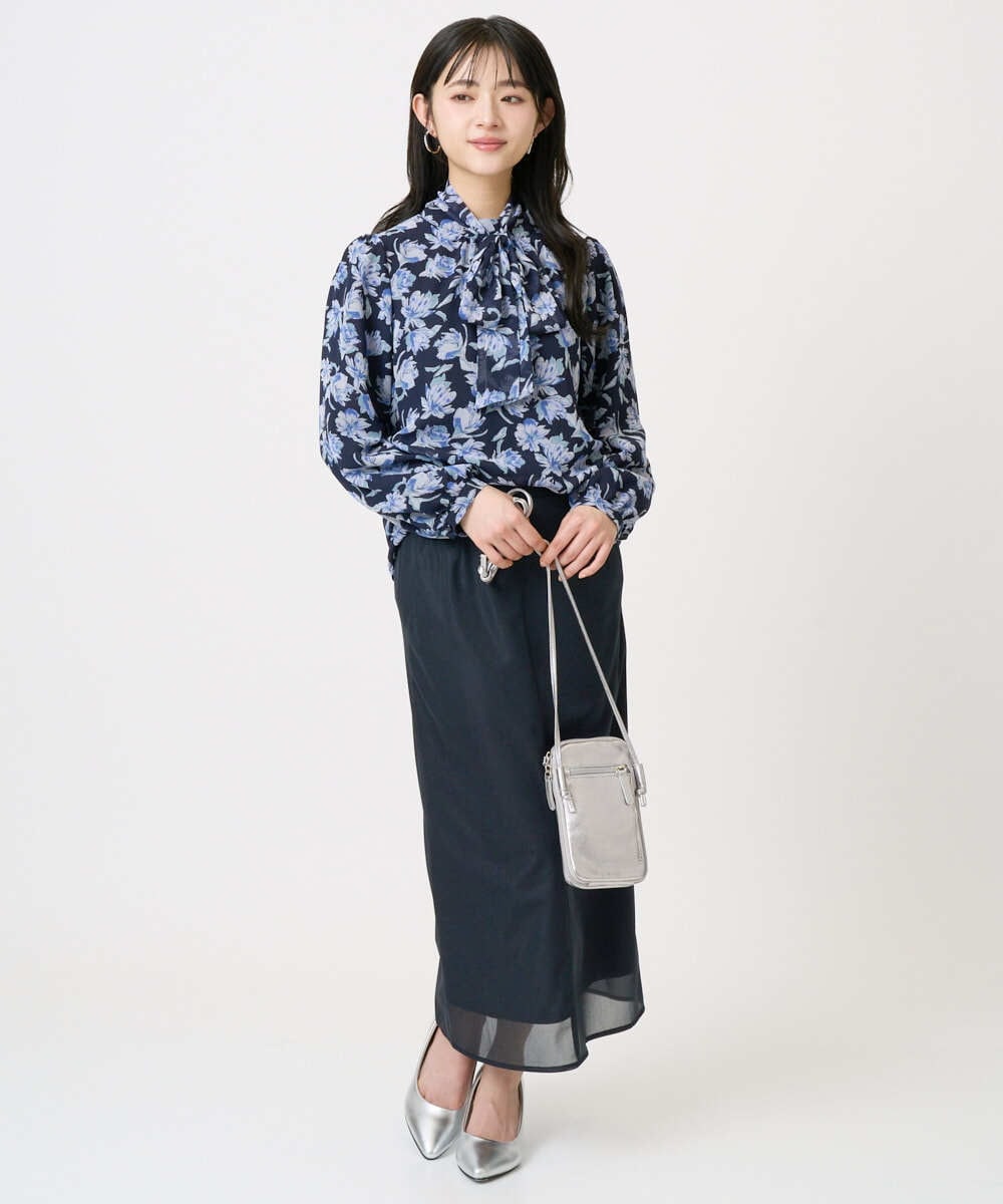 F1BGD01140 MK MICHEL KLEIN(小さいサイズ)(メゾン ドゥ サンク) 【小さいサイズ】ボウタイ付き花柄シフォンブラウス/洗濯機で洗える ミントブルー