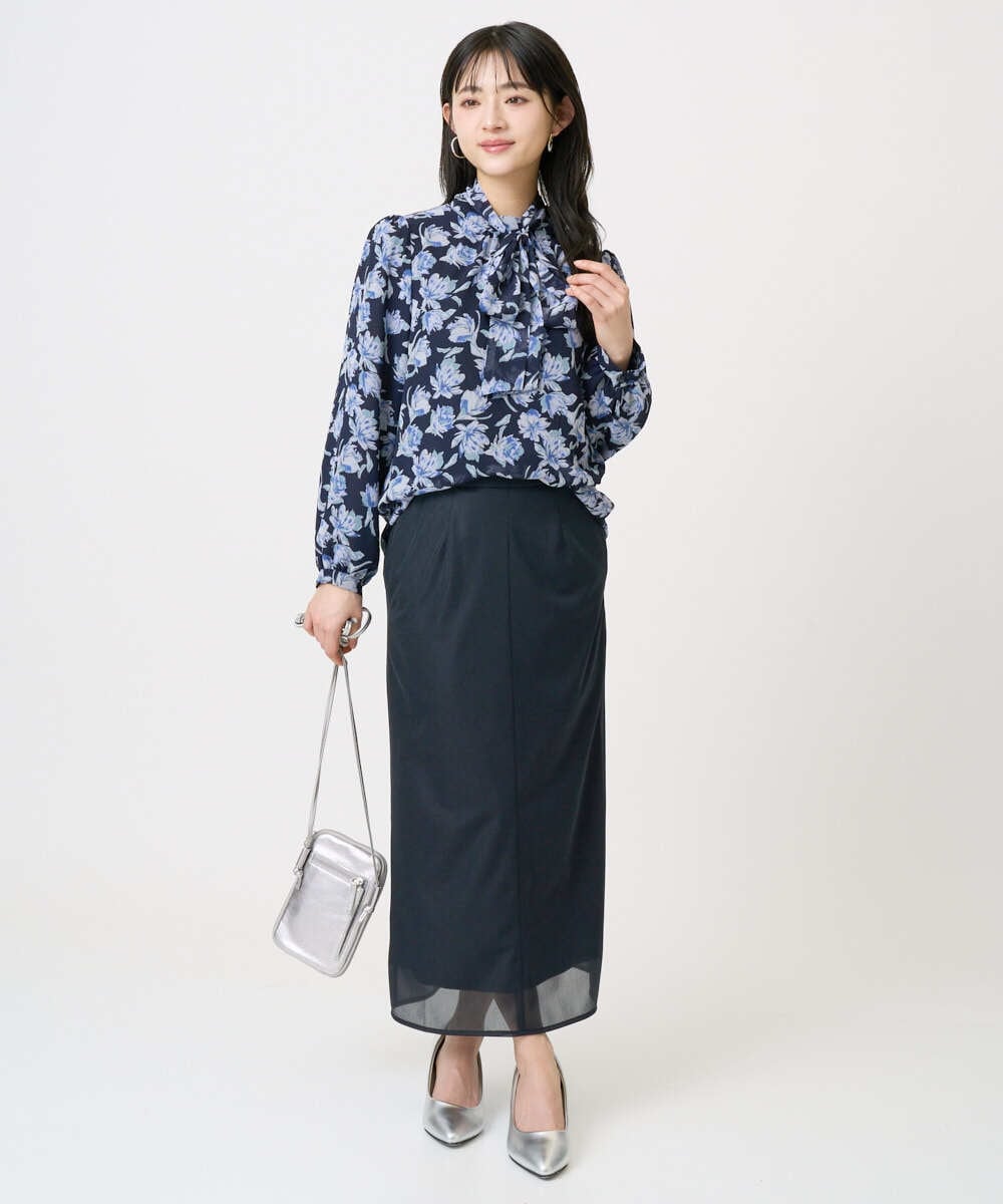 F1BGD01140 MK MICHEL KLEIN(小さいサイズ)(メゾン ドゥ サンク) 【小さいサイズ】ボウタイ付き花柄シフォンブラウス/洗濯機で洗える ミントブルー