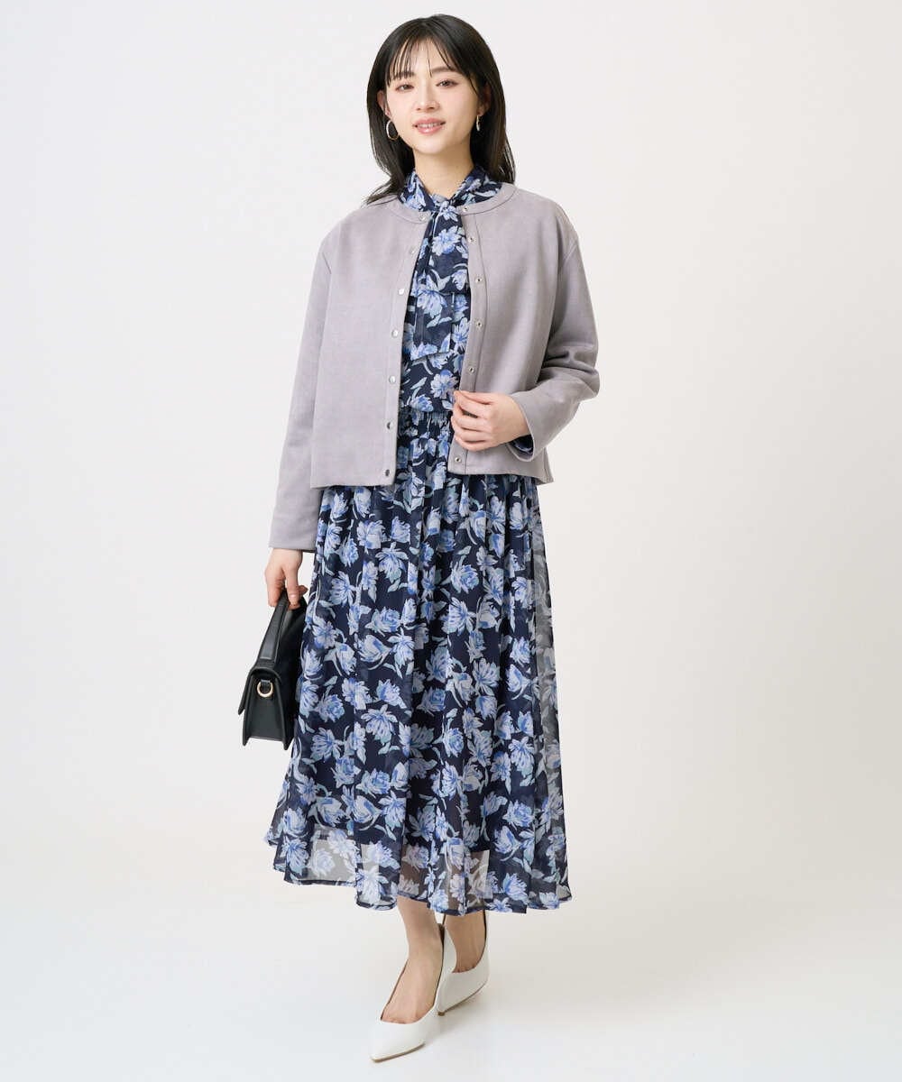 F1BGD01140 MK MICHEL KLEIN(小さいサイズ)(メゾン ドゥ サンク) 【小さいサイズ】ボウタイ付き花柄シフォンブラウス/洗濯機で洗える ミントブルー