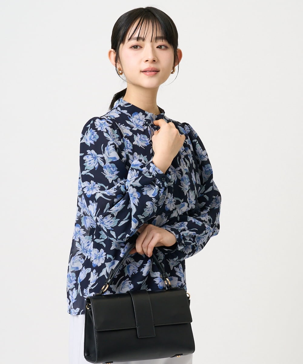 F1BGD01140 MK MICHEL KLEIN(小さいサイズ)(メゾン ドゥ サンク) 【小さいサイズ】ボウタイ付き花柄シフォンブラウス/洗濯機で洗える ミントブルー