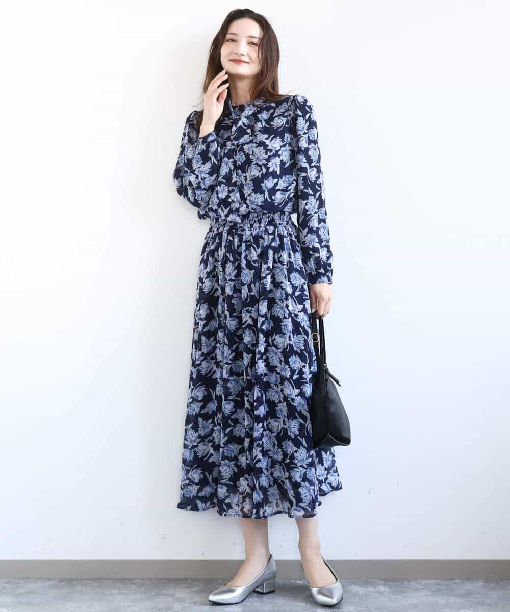 F1BGD01140 MK MICHEL KLEIN(小さいサイズ)(メゾン ドゥ サンク) 【小さいサイズ】ボウタイ付き花柄シフォンブラウス/洗濯機で洗える ミントブルー