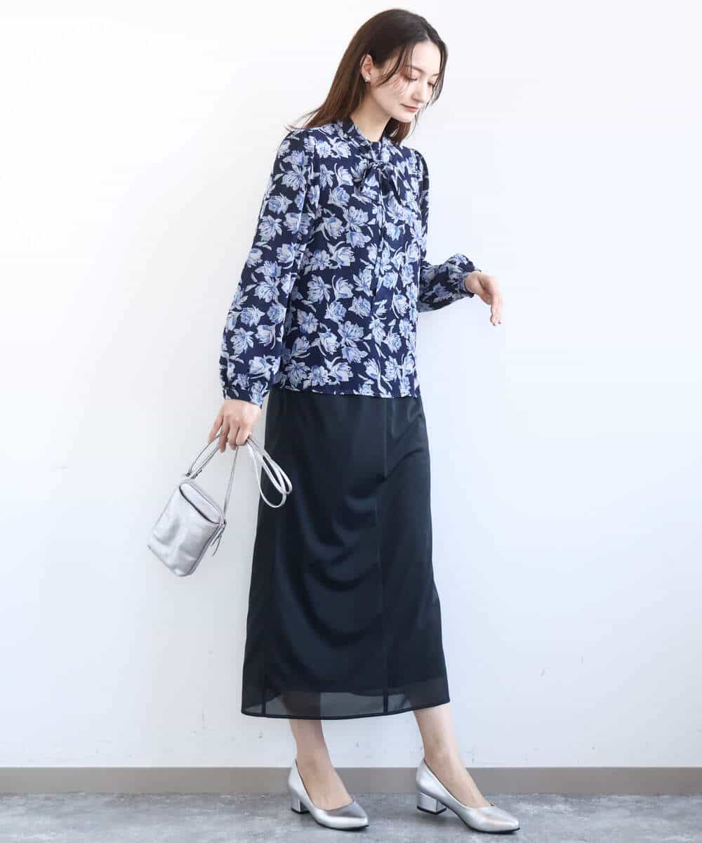 F1BGD01140 MK MICHEL KLEIN(小さいサイズ)(メゾン ドゥ サンク) 【小さいサイズ】ボウタイ付き花柄シフォンブラウス/洗濯機で洗える ミントブルー