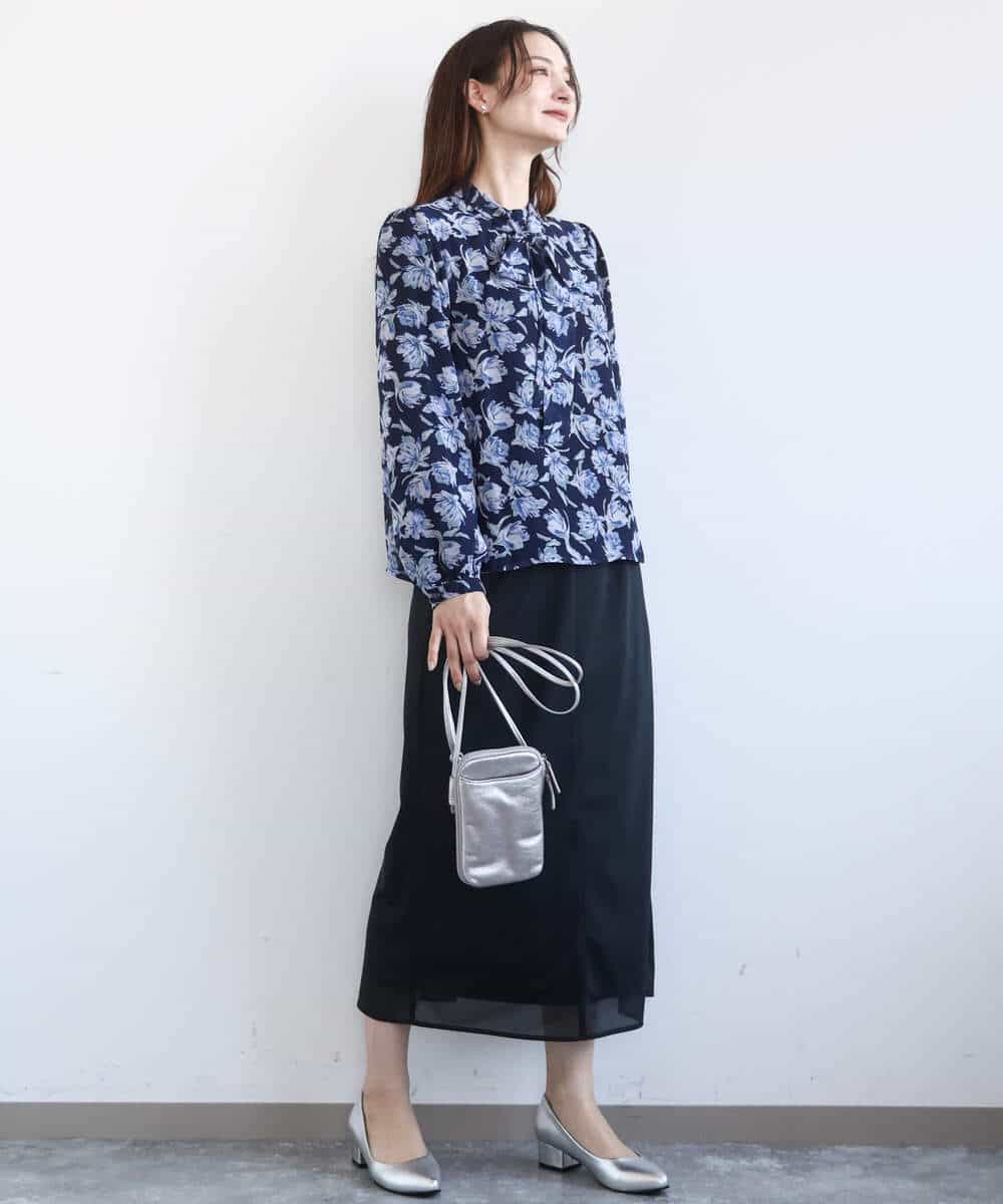 F1BGD01140 MK MICHEL KLEIN(小さいサイズ)(メゾン ドゥ サンク) 【小さいサイズ】ボウタイ付き花柄シフォンブラウス/洗濯機で洗える ミントブルー