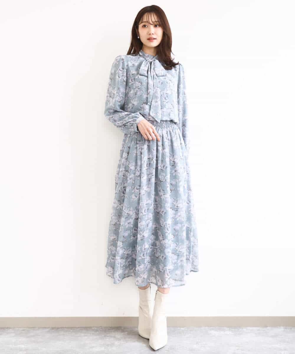 F1BGD01140 MK MICHEL KLEIN(小さいサイズ)(メゾン ドゥ サンク) 【小さいサイズ】ボウタイ付き花柄シフォンブラウス/洗濯機で洗える ミントブルー