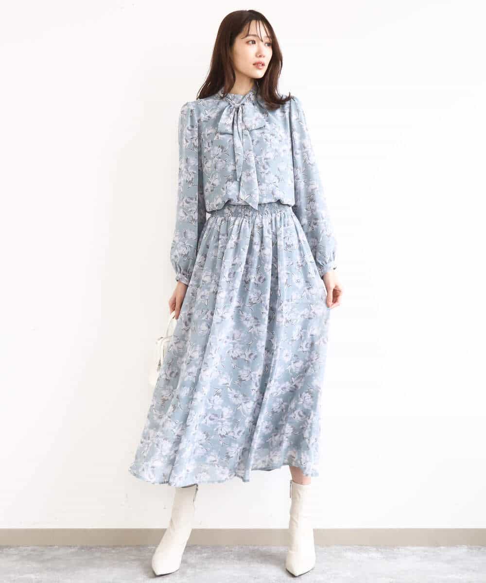 F1BGD01140 MK MICHEL KLEIN(小さいサイズ)(メゾン ドゥ サンク) 【小さいサイズ】ボウタイ付き花柄シフォンブラウス/洗濯機で洗える ミントブルー