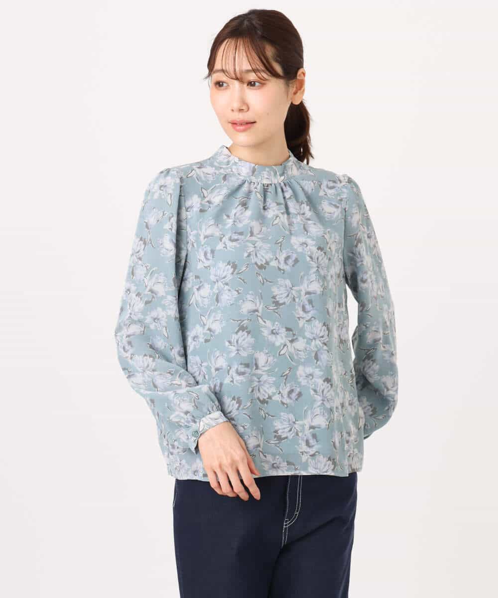 F1BGD01140 MK MICHEL KLEIN(小さいサイズ)(メゾン ドゥ サンク) 【小さいサイズ】ボウタイ付き花柄シフォンブラウス/洗濯機で洗える ミントブルー