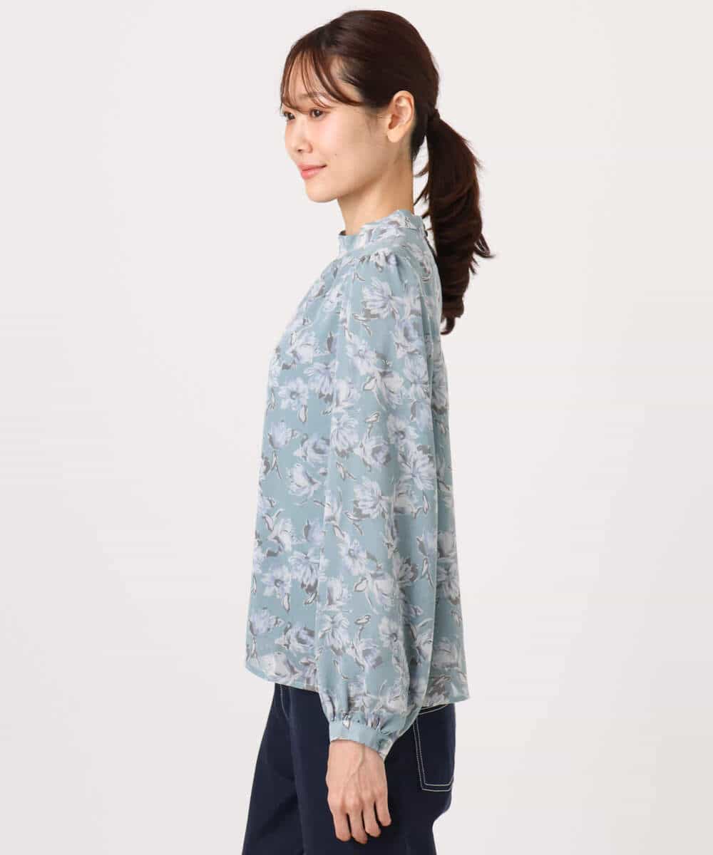 F1BGD01140 MK MICHEL KLEIN(小さいサイズ)(メゾン ドゥ サンク) 【小さいサイズ】ボウタイ付き花柄シフォンブラウス/洗濯機で洗える ミントブルー