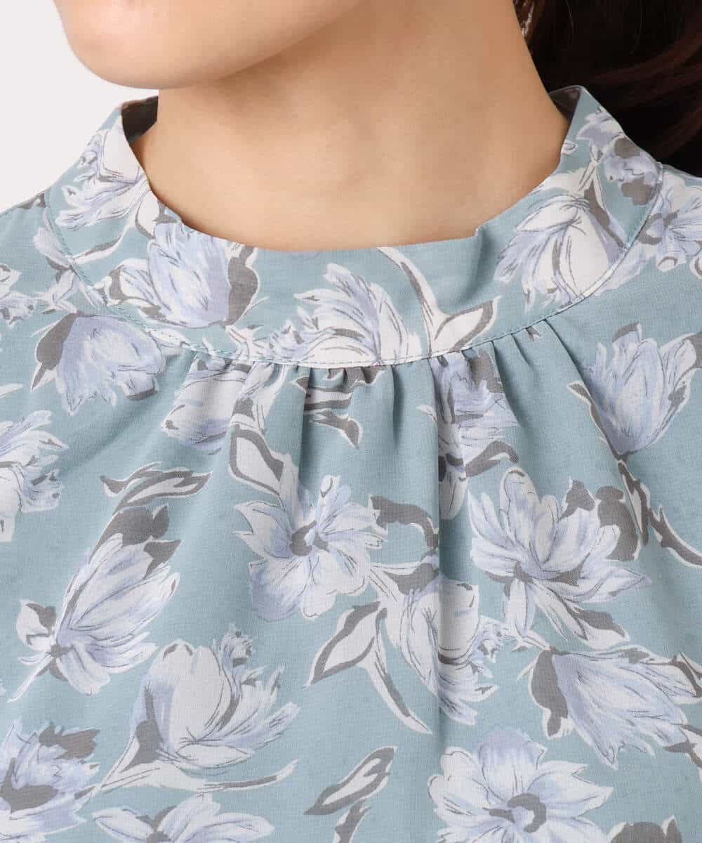 F1BGD01140 MK MICHEL KLEIN(小さいサイズ)(メゾン ドゥ サンク) 【小さいサイズ】ボウタイ付き花柄シフォンブラウス/洗濯機で洗える ミントブルー