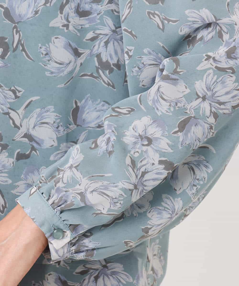 F1BGD01140 MK MICHEL KLEIN(小さいサイズ)(メゾン ドゥ サンク) 【小さいサイズ】ボウタイ付き花柄シフォンブラウス/洗濯機で洗える ミントブルー