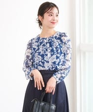 F1BGD03140 MK MICHEL KLEIN(小さいサイズ)(メゾン ドゥ サンク) 【小さいサイズ】花柄シフォンブラウス/洗濯機で洗える ブルー