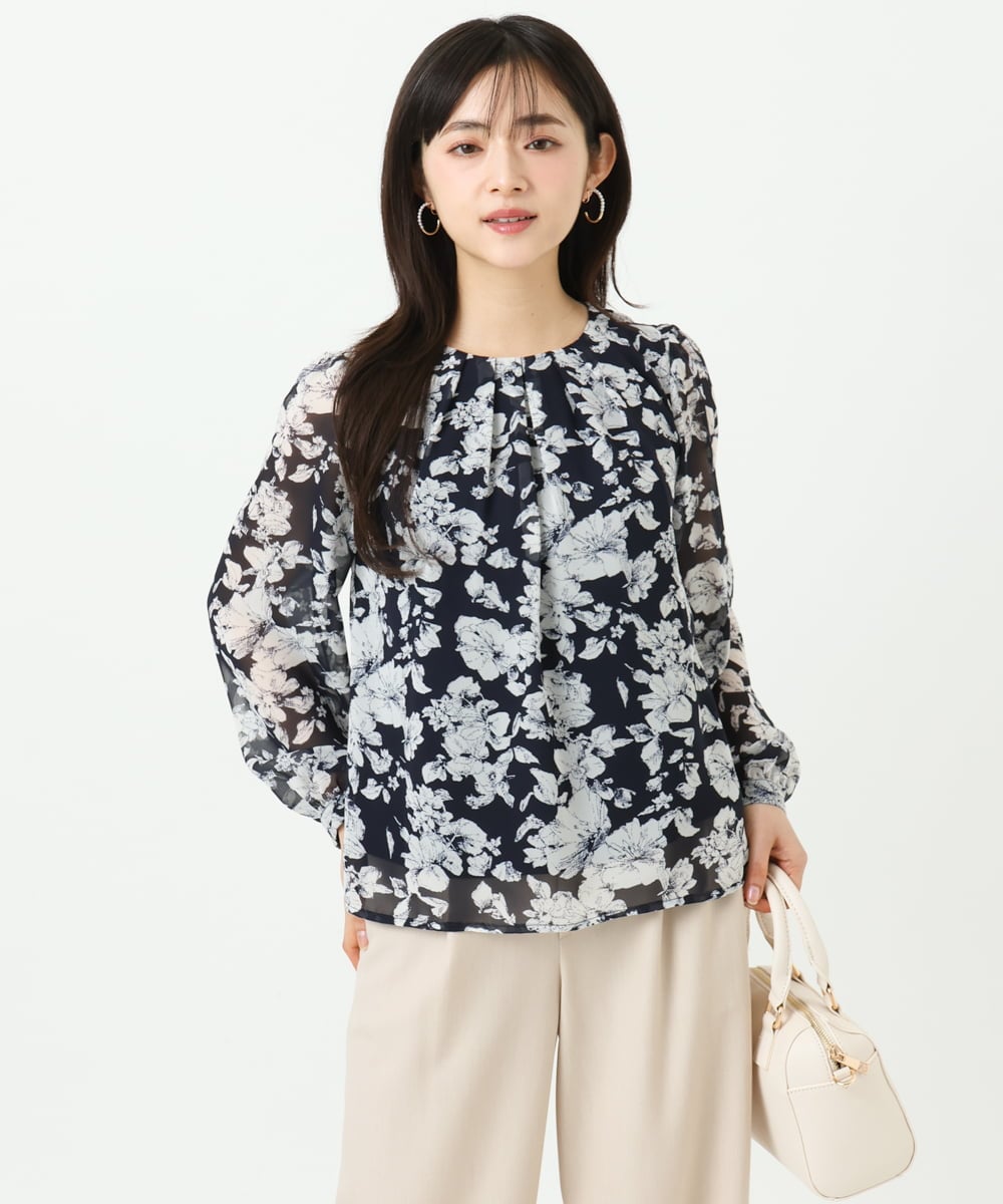 F1BGD03140 MK MICHEL KLEIN(小さいサイズ)(メゾン ドゥ サンク) 【小さいサイズ】花柄シフォンブラウス/洗濯機で洗える ネイビー