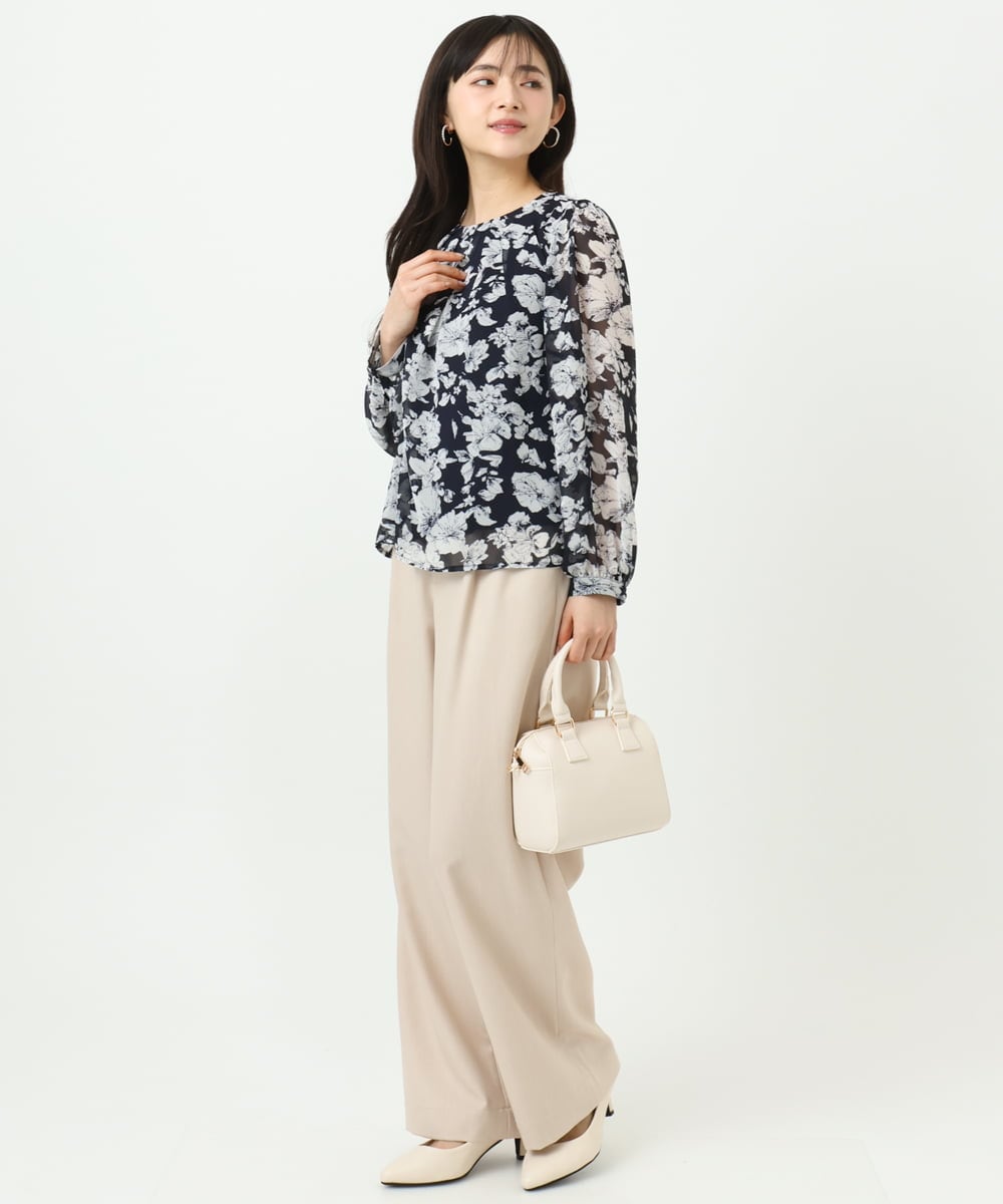 F1BGD03140 MK MICHEL KLEIN(小さいサイズ)(メゾン ドゥ サンク) 【小さいサイズ】花柄シフォンブラウス/洗濯機で洗える ネイビー