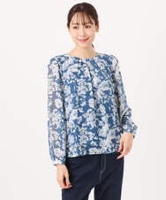 F1BGD03140 MK MICHEL KLEIN(小さいサイズ)(メゾン ドゥ サンク) 【小さいサイズ】花柄シフォンブラウス/洗濯機で洗える ネイビー