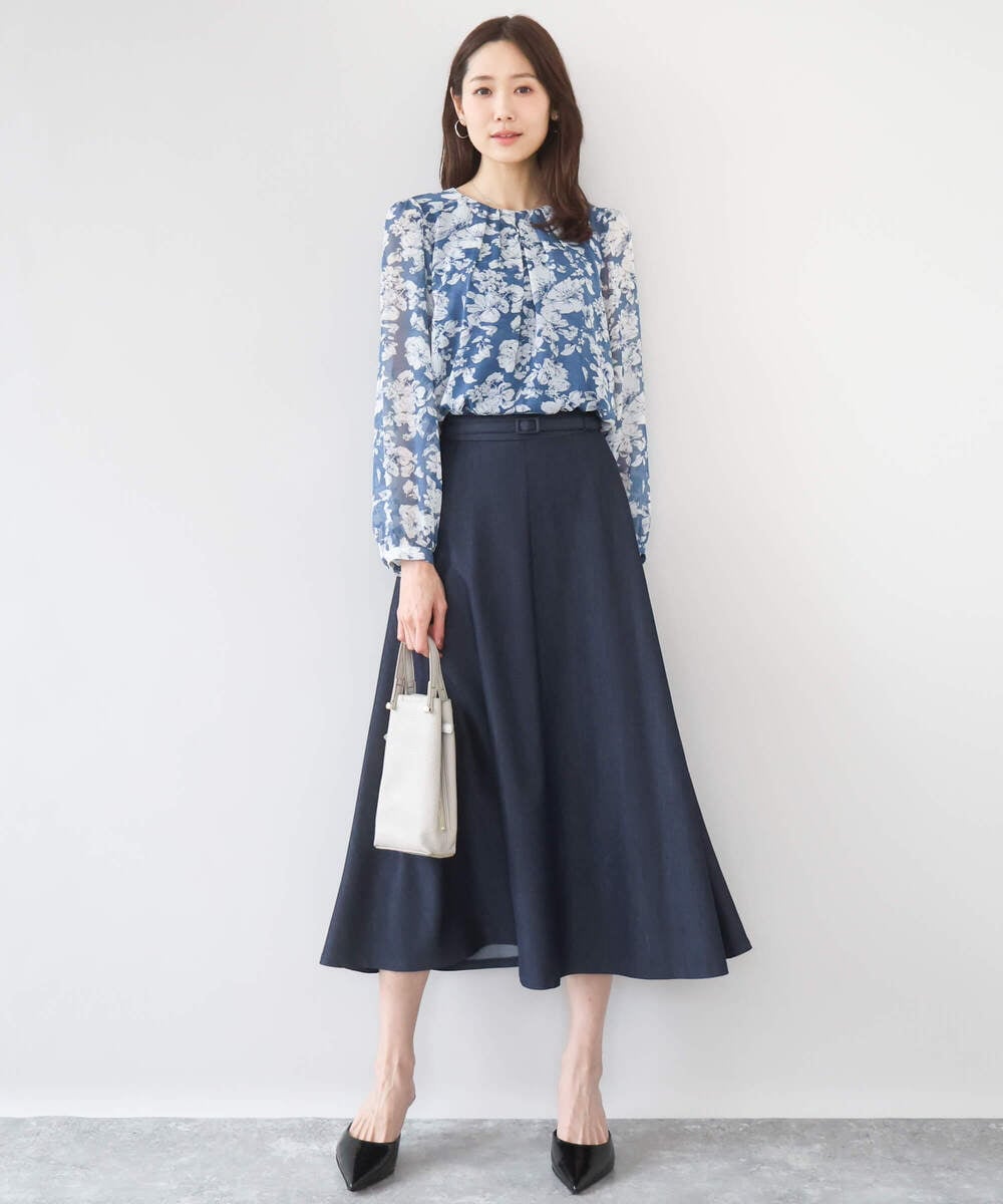 F1BGD03140 MK MICHEL KLEIN(小さいサイズ)(メゾン ドゥ サンク) 【小さいサイズ】花柄シフォンブラウス/洗濯機で洗える ネイビー