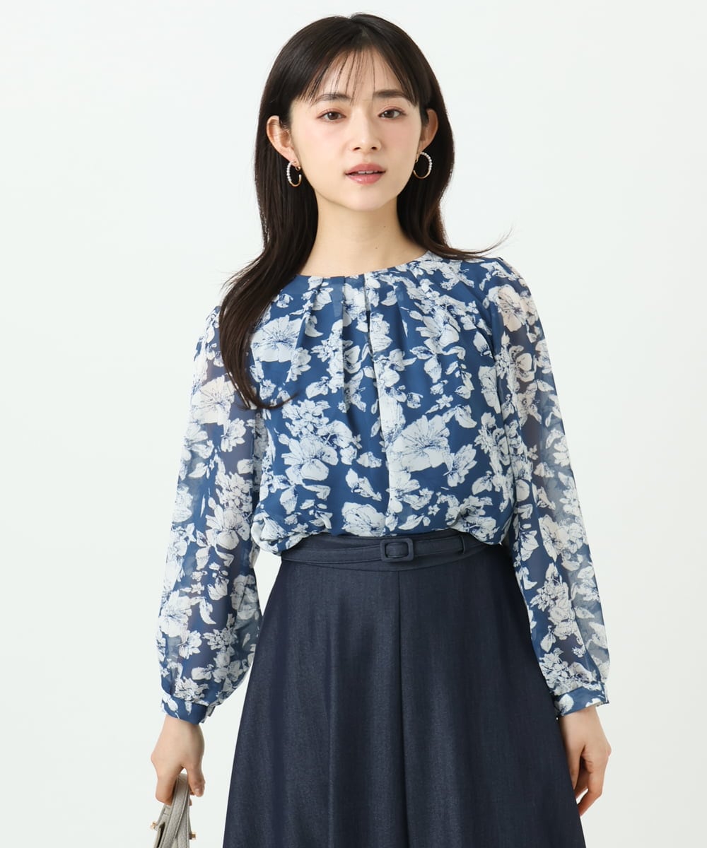 F1BGD03140 MK MICHEL KLEIN(小さいサイズ)(メゾン ドゥ サンク) 【小さいサイズ】花柄シフォンブラウス/洗濯機で洗える ネイビー