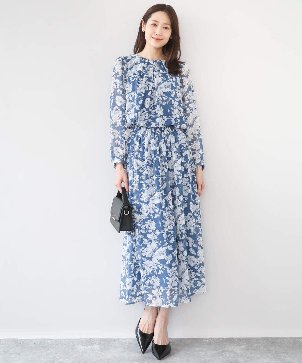 F1BGD03140 MK MICHEL KLEIN(小さいサイズ)(メゾン ドゥ サンク) 【小さいサイズ】花柄シフォンブラウス/洗濯機で洗える ネイビー