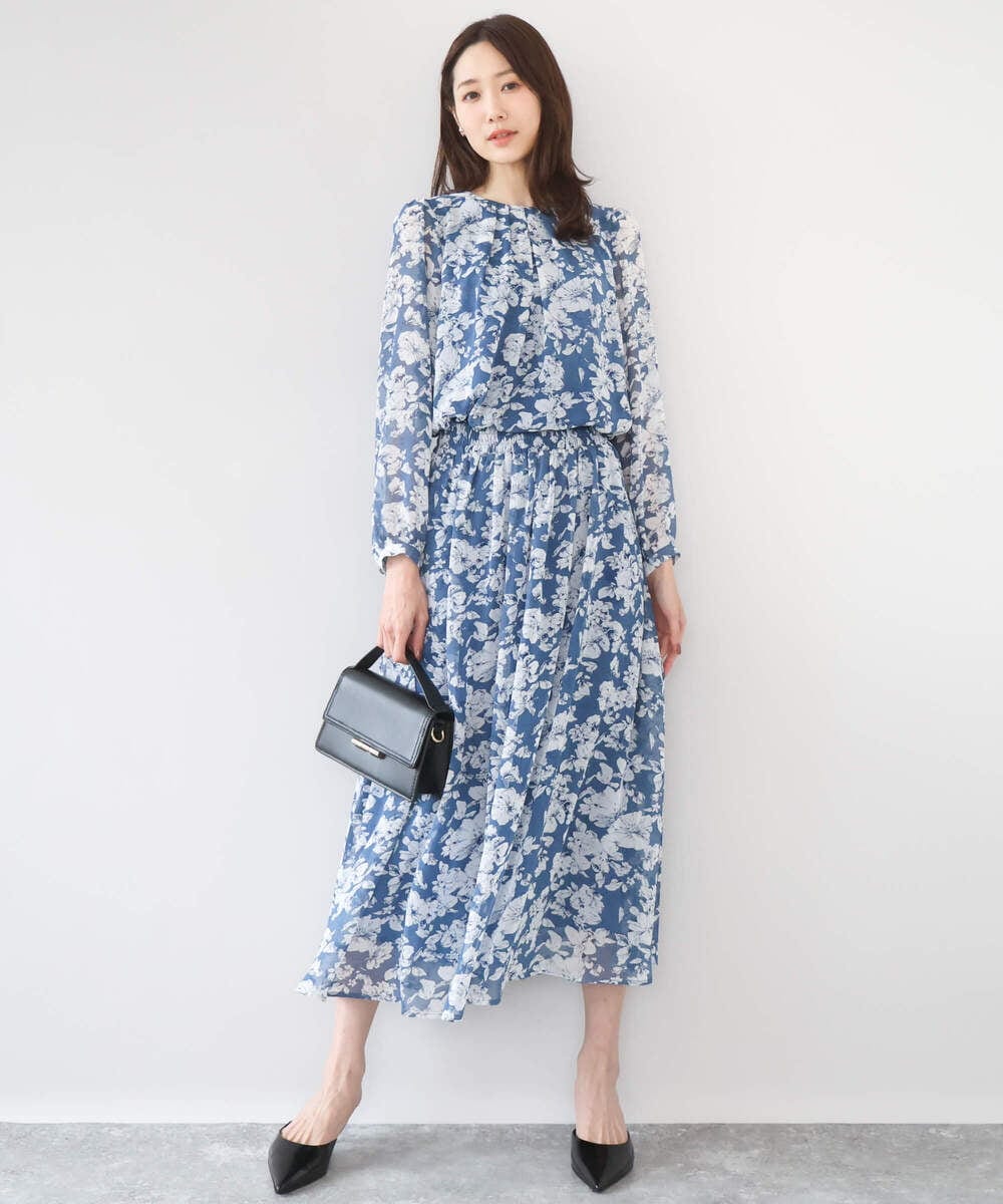 F1BGD03140 MK MICHEL KLEIN(小さいサイズ)(メゾン ドゥ サンク) 【小さいサイズ】花柄シフォンブラウス/洗濯機で洗える ネイビー