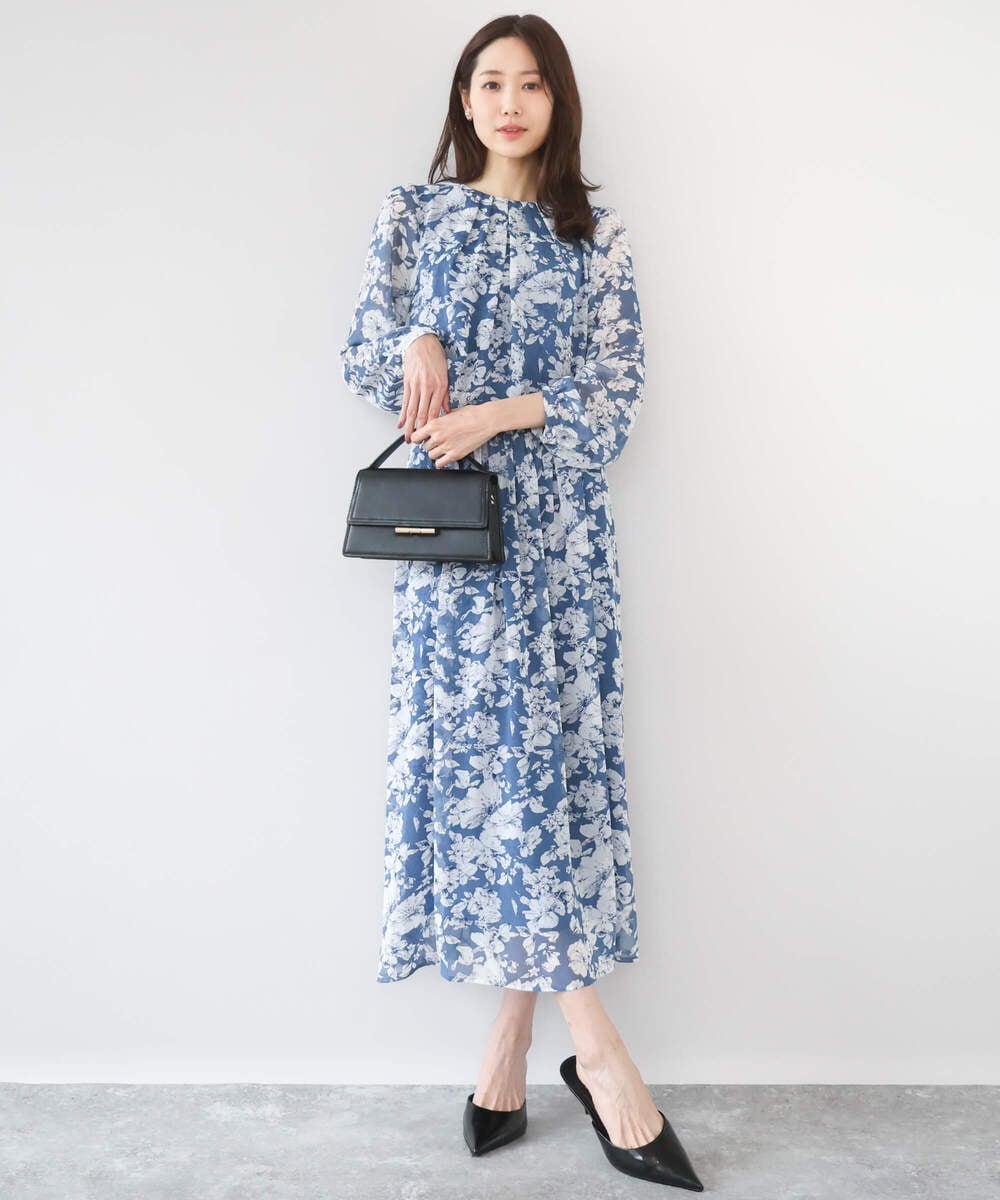 F1BGD03140 MK MICHEL KLEIN(小さいサイズ)(メゾン ドゥ サンク) 【小さいサイズ】花柄シフォンブラウス/洗濯機で洗える ネイビー