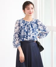 F1BGD03140 MK MICHEL KLEIN(小さいサイズ)(メゾン ドゥ サンク) 【小さいサイズ】花柄シフォンブラウス/洗濯機で洗える ネイビー