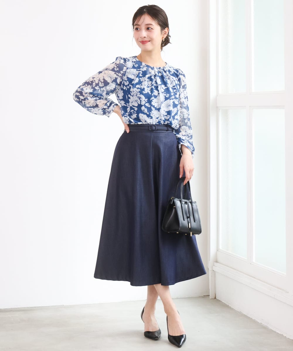 F1BGD03140 MK MICHEL KLEIN(小さいサイズ)(メゾン ドゥ サンク) 【小さいサイズ】花柄シフォンブラウス/洗濯機で洗える ネイビー