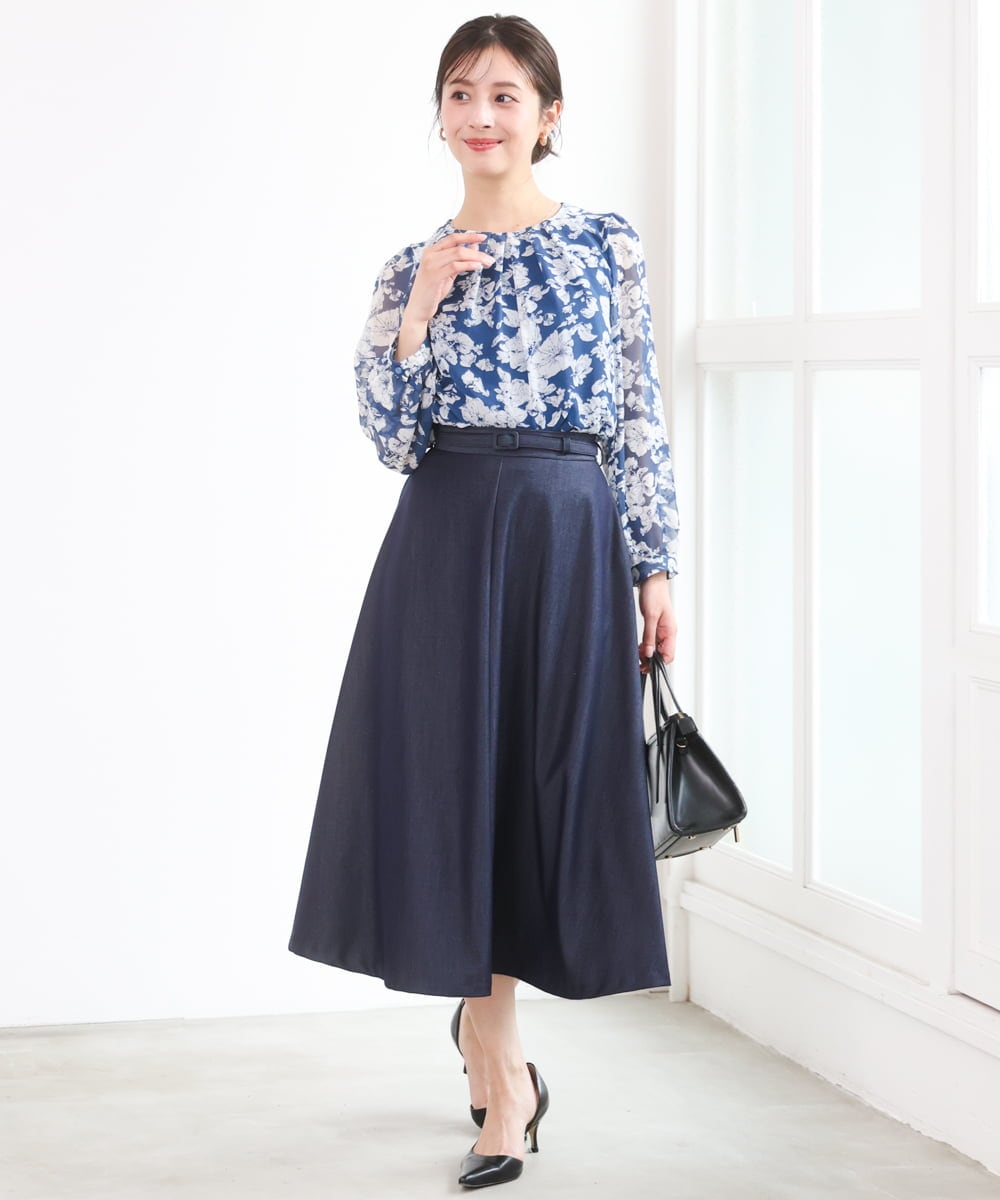 F1BGD03140 MK MICHEL KLEIN(小さいサイズ)(メゾン ドゥ サンク) 【小さいサイズ】花柄シフォンブラウス/洗濯機で洗える ネイビー